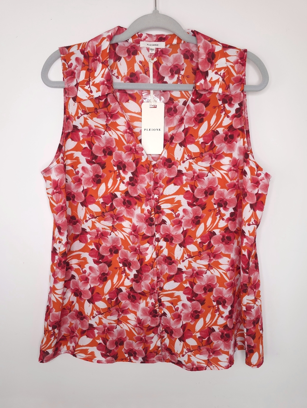 Pleione Orchid Floral Sleeveless Button Up Top Size Large